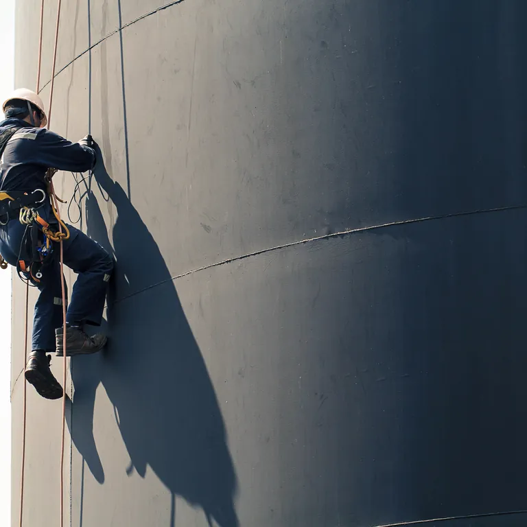 Trabalhador aplicando pintura anticorrosiva em estrutura metálica industrial